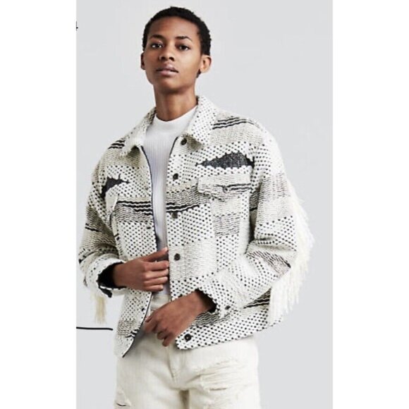 Levi's Made & Crafted Tribal Trucker Fringe Boxy Jacket Size 1 Unisex Blue White - Picture 2 of 10
